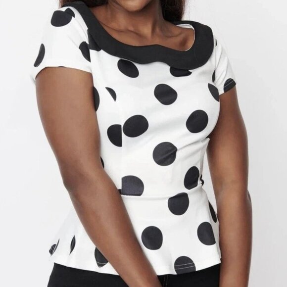 Unique Vintage Tops - NWOT black and white polka dot Peter Pan collar top, size Small